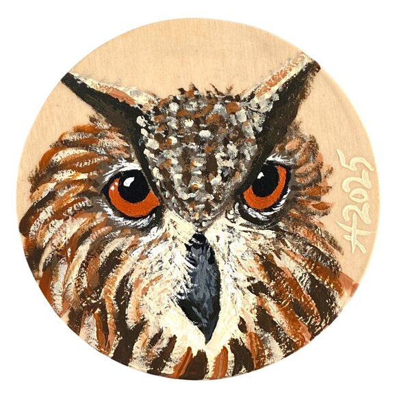 Owl Original Acrylic Bird Painting on Wood Round 4in Desk or Wall Art - Picture 1 of 6